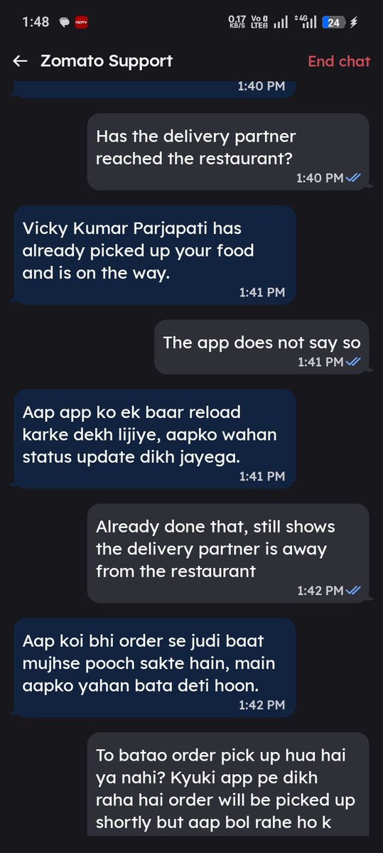 Charan228's tweet photo. Thank you zomato for treating your customers like idiots. But the question is still the same "Jhuth kyu bola?" https://t.co/VAJORSj84y