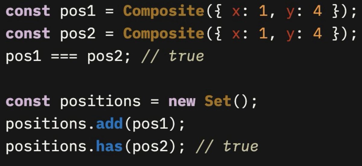 ThisWeekInReact's tweet photo. Composites - One of the most exciting JS proposal

Will be discussed this week at TC39, aiming to progress to stage 2

If this lands, don't underestimate the impact it will have. 

Your backend payloads can become composite,
-> stable "auto memoized" obj

https://t.co/stLJmzWhll https://t.co/VjX00tIQKX