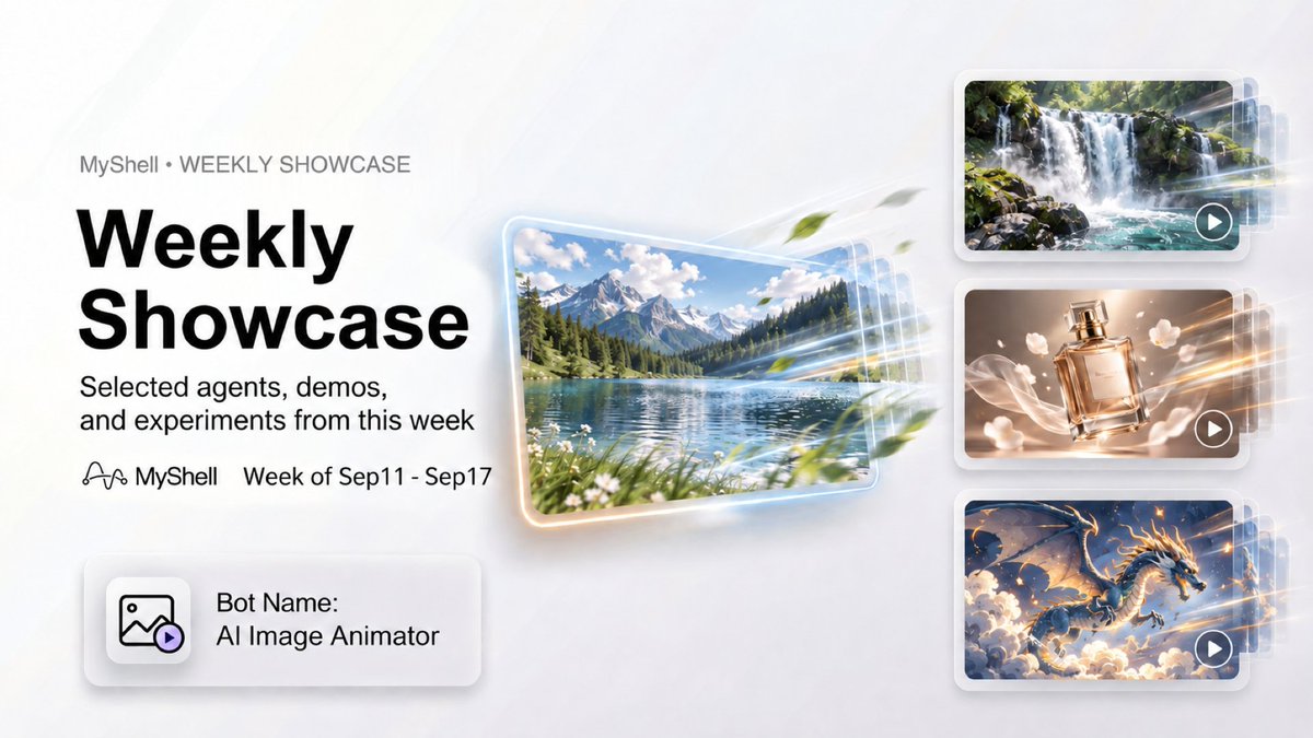 myshell_ai's tweet photo. 3/ AI Image Animator Extend a still image into motion, adding movement and new possibilities for short-form visual storytelling.
Explore: https://t.co/ZrEN0Zj3H0

Three different formats, each expanding what a single idea can become. https://t.co/OcaiaZ6QSQ