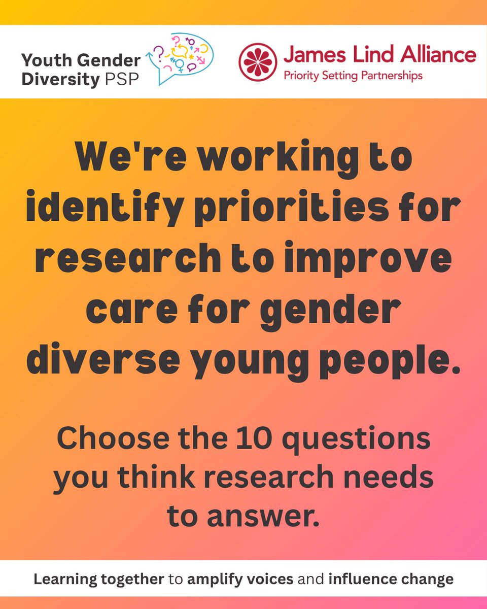 LindAlliance's tweet photo. Help to identify the Top 10 priorities for research into gender incongruence in young people.

Take the survey to choose the research questions you think are most important: https://t.co/fG7mr3tjLr https://t.co/ZNU6BV3EjQ