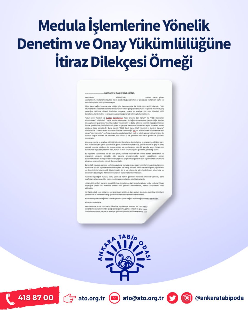 ankaratabipoda's tweet photo. 📢 Medula sistemi üzerinden muayene, reçete, ameliyat gibi tıbbi işlemleri bilfiil denetleme, kontrol etme ve onaylama yükümlülüğüne tabii kılınmış durumda olan hekimlerimiz için Ankara Tabip Odası Hukuk Büromuz tarafından hazırlanan örnek itiraz dilekçesini aşağıdaki bağlantıdan indirebilirsiniz ⬇️

📝 https://t.co/3AROru08je

Çalışma hayatınızda karşılaştığınız her türlü sorunda bize ulaşabilirsiniz ☎️ (0312) 418 87 00