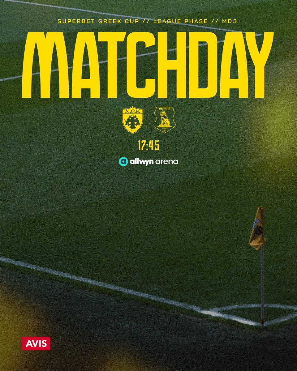 AEK_FC_OFFICIAL's tweet photo. 𝗠𝗮𝘁𝗰𝗵𝗱𝗮𝘆! ⚫️🟡
🆚 Panserraikos
🕔 17:45
🏟️ Allwyn Arena
🏆 Greek Cup
#AEKFC #ForzaAekara #GreekCup https://t.co/l4Jhed3HvD