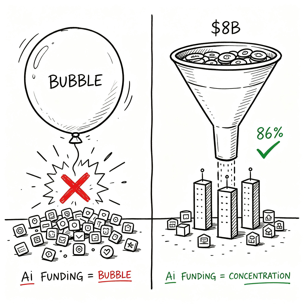 tttbowen's tweet photo. AI now takes 86% of all VC funding and 6 startups just split $8B in 10 days - this isn't a bubble, it's a concentration event. https://t.co/hkGp730wOr