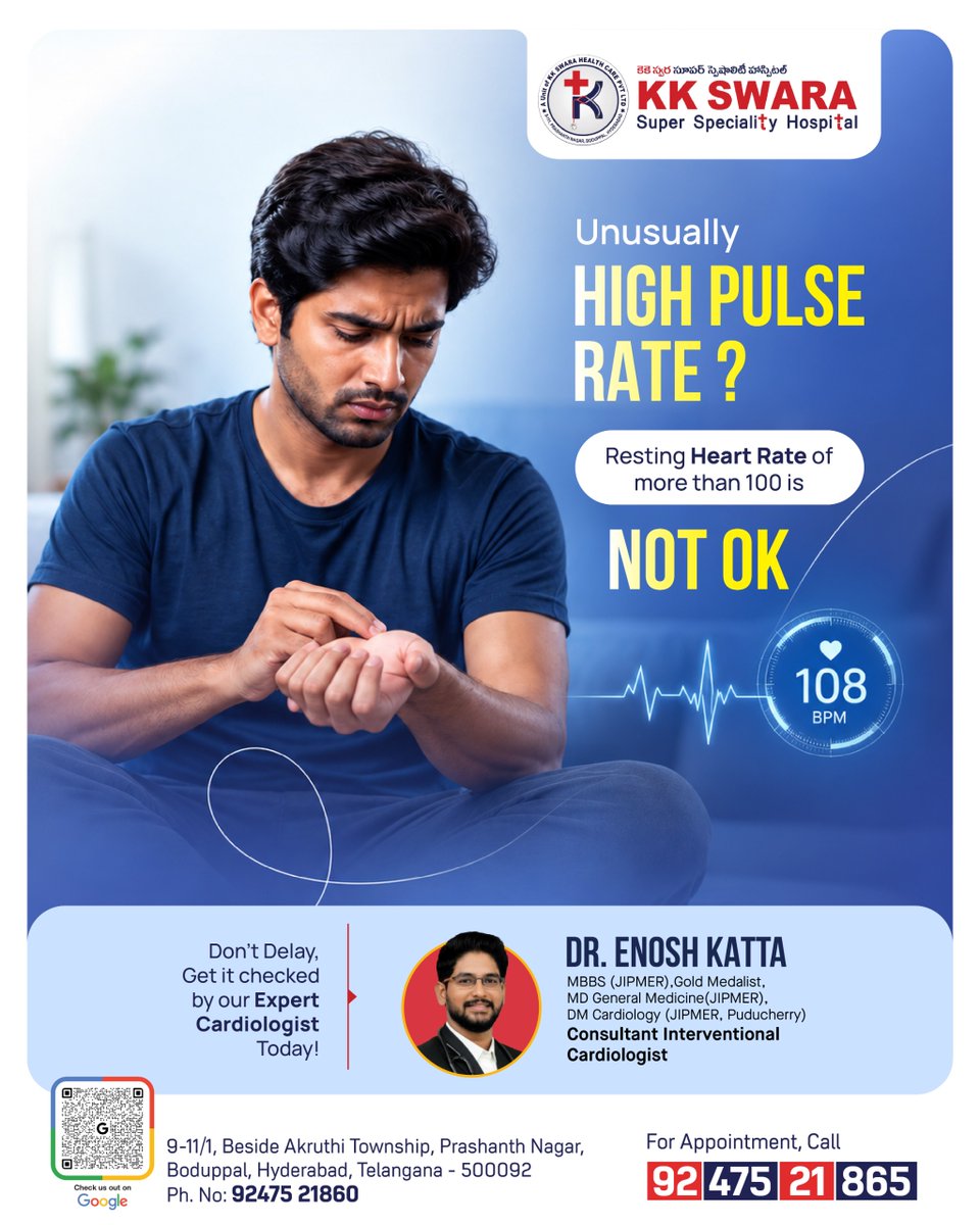 kk_swara's tweet photo. ❤️ Unusually HIGH PULSE RATE?

A resting heart rate above 100 BPM is called tachycardia. Temporary increases can happen with exercise, stress, fever or dehydration, but a persistently elevated resting pulse deserves medical evaluation.

Watch the video &amp; learn more. 🫀 https://t.co/ZJE6qCAlgC