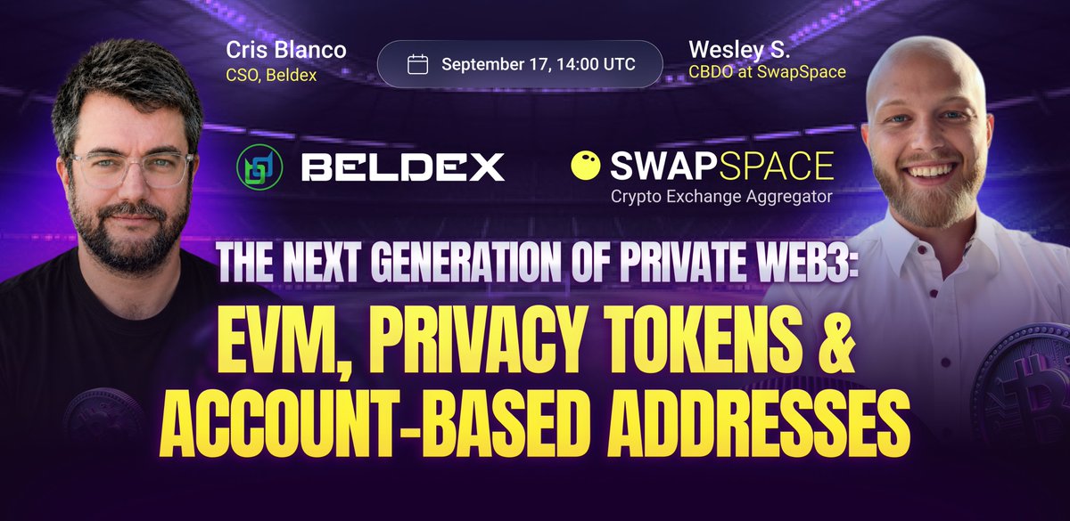 SwapSpaceCo's tweet photo. 🎙️ See you today | AMA with Beldex

Join us today for an AMA with @BDXcris , CSO at @BeldexCoin

⏰ Today, 14:00 UTC

We’ll dive into EVM, privacy tokens & account-based addresses and what’s next for private Web3

Don’t miss it 👇
https://t.co/oYZjZ67CnC