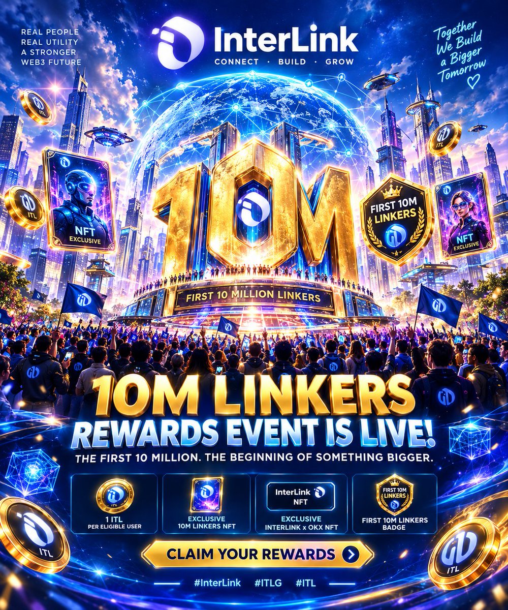jplu0406's tweet photo. Linker avatars, glowing ITL coins, exclusive NFT cards, the First 10M Linkers Badge, holographic blockchain networks and celebratory particles. Use the uploaded InterLink logo as the exact logo
#InterLink #ITLG #ITL. https://t.co/ATxtIWsBgE