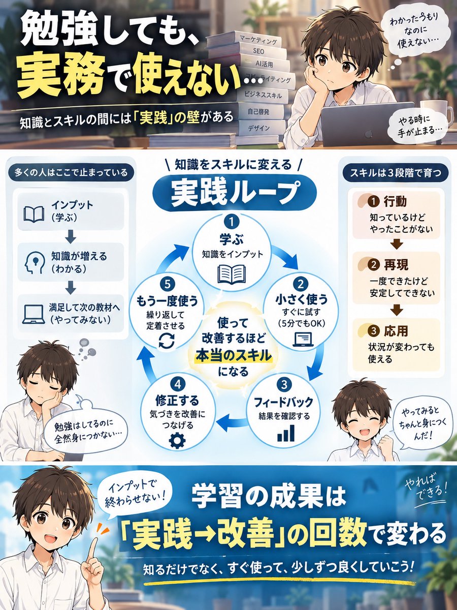 attachstyle's tweet photo. 「勉強してる」ことと「実務で結果を出せる」にはギャップがあります。しかも、行動・再現・応用の３段階のギャップがあって、ここに意識的に取り組まないと、結果を出せるようにならないんですよね。重要ポイントを図解にしたので、結果を出せずに悩んでる方は、じっくり見ておいてください https://t.co/1BFKR8tvjR