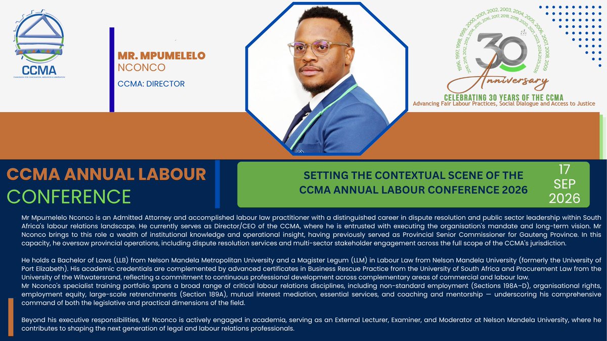 CCMA_SA's tweet photo. CCMA Director Mr Mpumelelo Nconco sets the contextual scene of the CCMA Annual Labour Conference 2026. #CCMALabourConference2026 #LabourRelation #CCMA #ALC2026 #SocialDialogue #TowardsLabourPeace https://t.co/6bDM2HwHuP