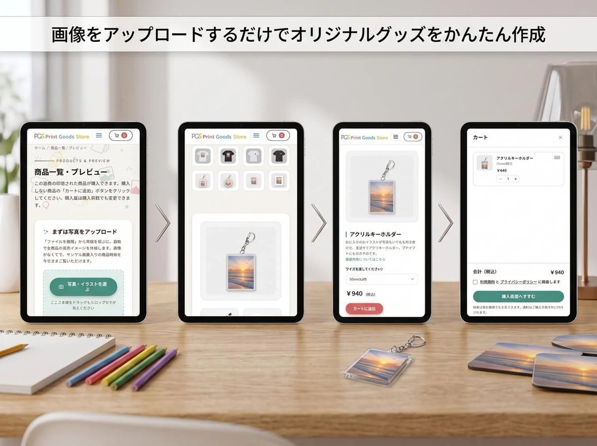 printgoodsstore's tweet photo. 画像1枚でグッズの仕上がりを一括チェック！ 
商品ごとにデザインを配置して確認するのって少し大変ですよね💧
Print Goods Storeなら、画像を1枚選ぶだけでTシャツやアクキーなどの完成イメージがズラリと一覧表示✨どれが一番映えるか一目で比較できます👀
#PGS　#オリジナルグッズ https://t.co/NQwEn1oCLZ