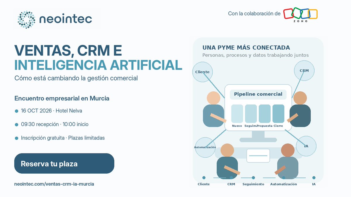 Neointec's tweet photo. ¿Cuántas oportunidades se pierden cuando la información vive en Excel, email y WhatsApp?

El 16 de octubre nos vemos en Murcia: gestión comercial, CRM, automatización e IA.

📍 Hotel Nelva
🕤 09:30 recepción · 10:00 inicio
🎟 Gratuito · plazas limitadas

https://t.co/F8hyouJ2Cb https://t.co/4JWUs6x6M6