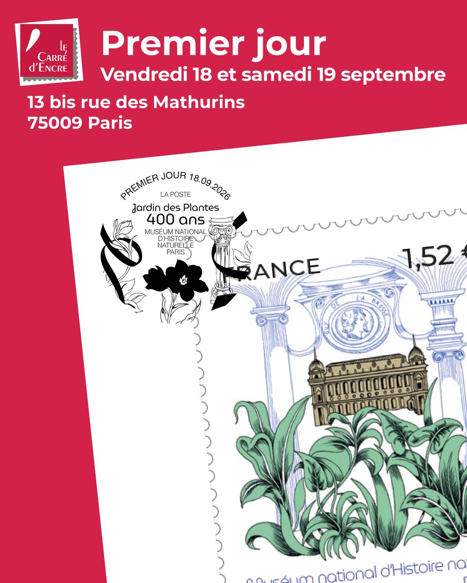 toutsurletimbre's tweet photo. ⌛️🌿C'est demain ! Premier Jour du #timbre et souvenir philatélique célébrant les 400 ans du Jardin des Plantes à Paris :  
📍PARIS (75) Le Carré d’Encre, de 10h00 à 19h00, 13 bis rue des Mathurins (oblitération jusqu’à 17h).
#histoirenaturelle #patrimoine #botanique #philatelie https://t.co/W9c7IzFAa0