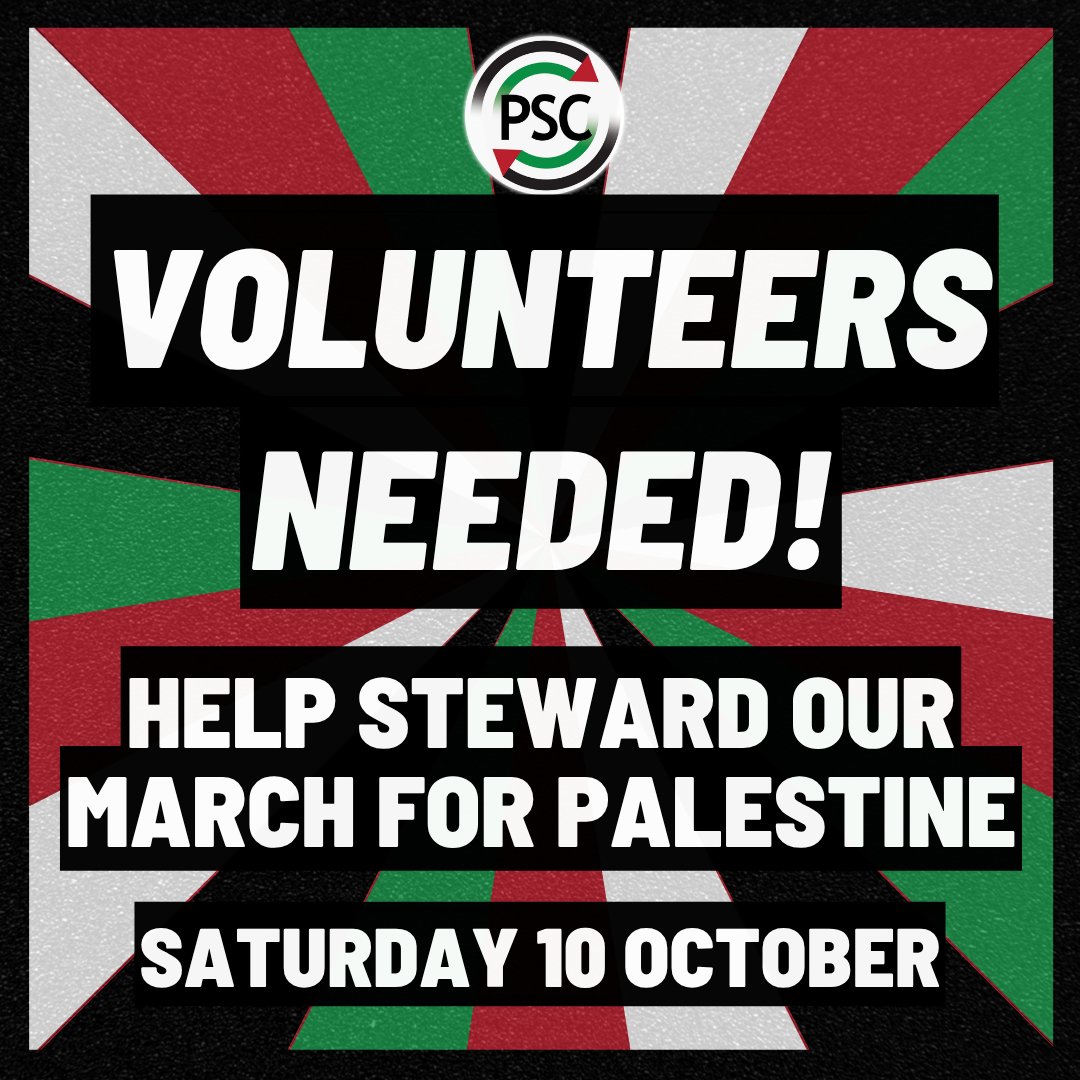 PSCupdates's tweet photo. 🚨 We're marching for Palestine and we need YOU to help us make it happen!

Please click the link below to sign up to be a steward at our march for Palestine on 10 October.

Sign up here: https://t.co/lCosQ2oYDu https://t.co/HpEJttNV7J