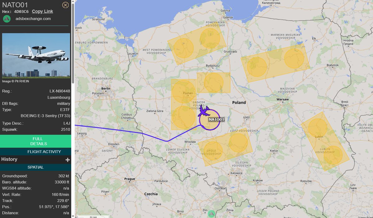 PolishMilRadar's tweet photo. 📅 17.09 🕘 10:01LT - ✈️📡 AWACS nad Polską 🇵🇱
W Rejonie Wykonywania Misji AWACS "LEGOLAS" operuje ✈️ #NATO01 Boeing E-3A Sentry "LX-N90448" NATO Airborne Early Warning & Control Force. Wystartował z Bazy Lotniczej Geilenkirchen #ETNG 🇩🇪 i utrzymuje wysokość 33000 stóp.
🔗 https://t.co/fzooZjJdvB
#POLMILRADAR