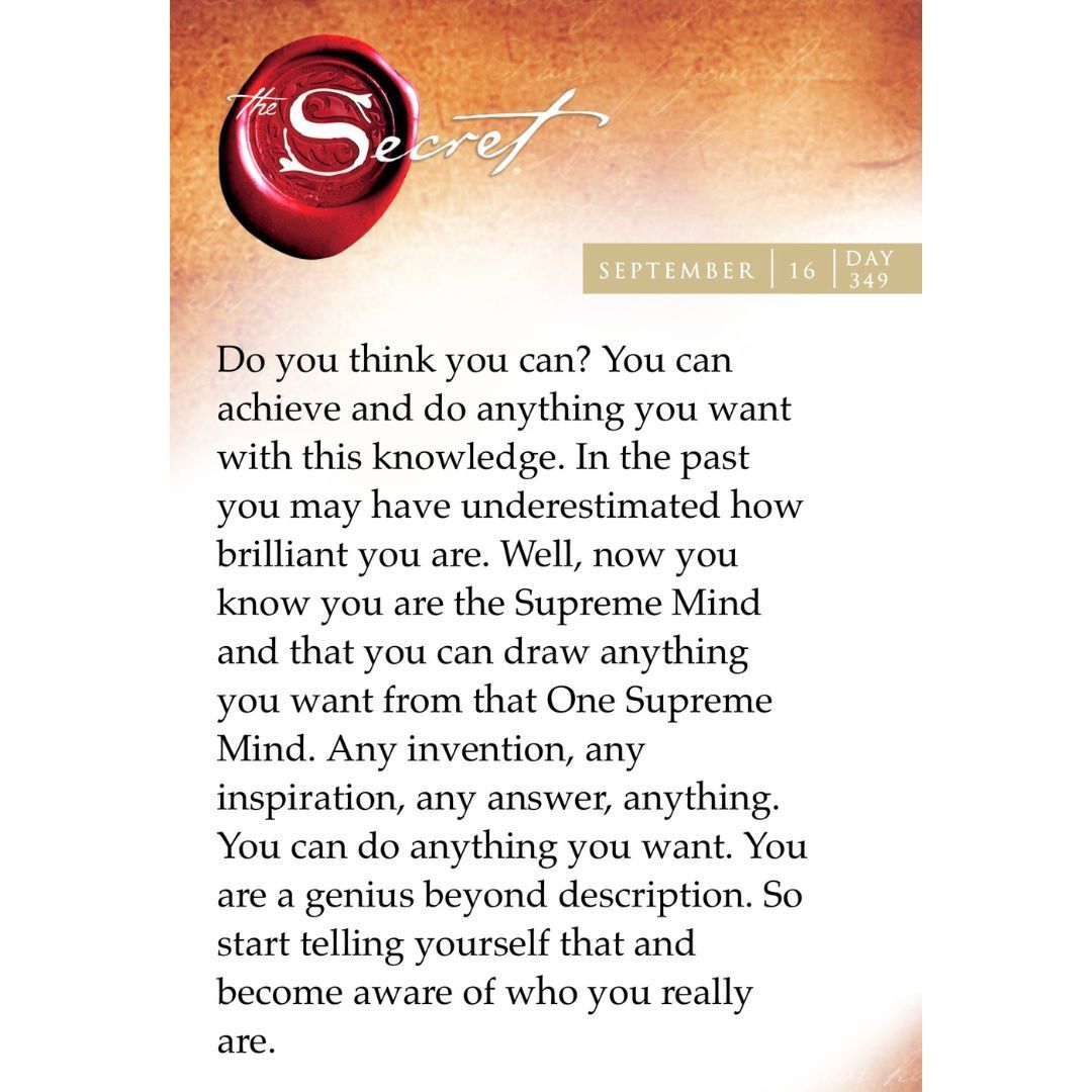 thesecret's tweet photo. "Do you think you can? You can achieve and do anything you want with this knowledge. In the past you may have underestimated how brilliant you are. Well, now you know you are the Supreme Mind and that you can draw anything you want from that One Supreme Mind. Any invention, any inspiration, any answer, anything. You can do anything you want. You are a genius beyond description. So start telling yourself that and become aware of who you really are." Learn this power you have to manifest your dream world with the daily wisdom from The Secret Daily Teachings App: https://t.co/53Qquf62Ng

#RhondaByrne #TheSecret #lawofattraction #loa #visualization #manifestation #askbelievereceive