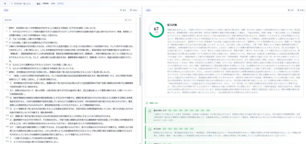 JuristutorAI's tweet photo. 受験生から提出されたR8司法・予備論文の再現答案をAI講評付きで公開しています。

受験した人にとっても来年の受験を目指す方にとっても、非常に有益なデータかと思います。

閲覧はリプライ欄のリンクから。
*若干点数が高めに出ています。点数はあくまで参考情報とご理解ください。 https://t.co/s8WvQvLH46