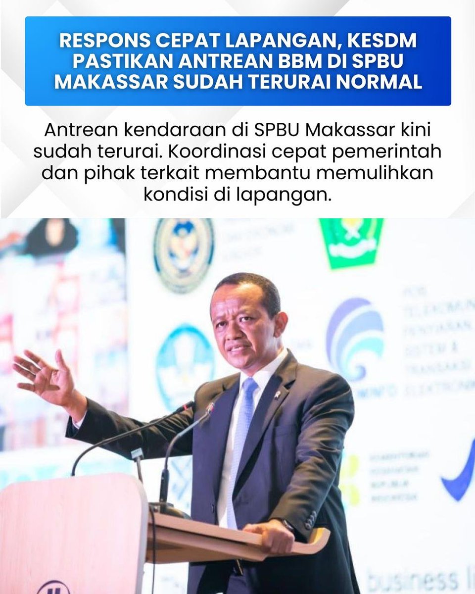 BeritaUnit's tweet photo. Kementerian ESDM bergerak cepat menangani antrean BBM di sejumlah SPBU Makassar. Kondisi antrean dipastikan sudah terurai dan kembali normal setelah dilakukan penanganan di lapangan. https://t.co/senC0oPEhT