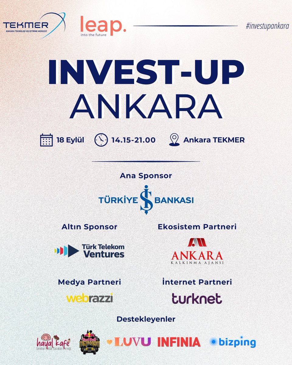 AnkaraTekmer's tweet photo. 🚀 Invest-Up Ankara 2026 için hazırız!

Invest-Up Ankara 2026, T.C. Sanayi ve Teknoloji Bakan Yardımcısı Sn. Zekeriya Çoştu’nun katılımıyla başlayacak. @imrangurakan’ın sorularıyla yapay zekâ, girişimcilik ve küresel rekabet başlıklarını değerlendirecek. https://t.co/xDgYMpaafK