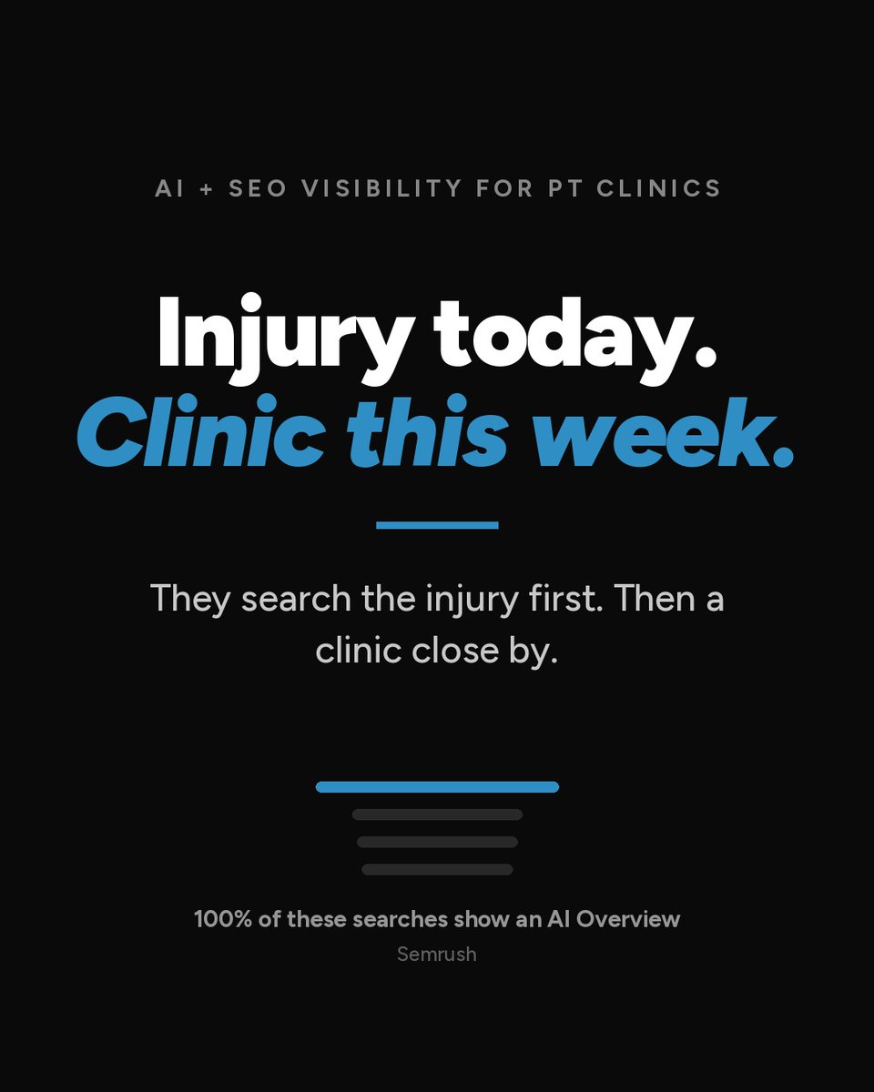 connorcedroseo's tweet photo. Injury today. Clinic this week.

They search the injury first. Then a clinic close by.

Comment AUDIT and I'll check where you rank for physical therapy.

#TampaSEO #AISearch https://t.co/tLGcqeQcRi