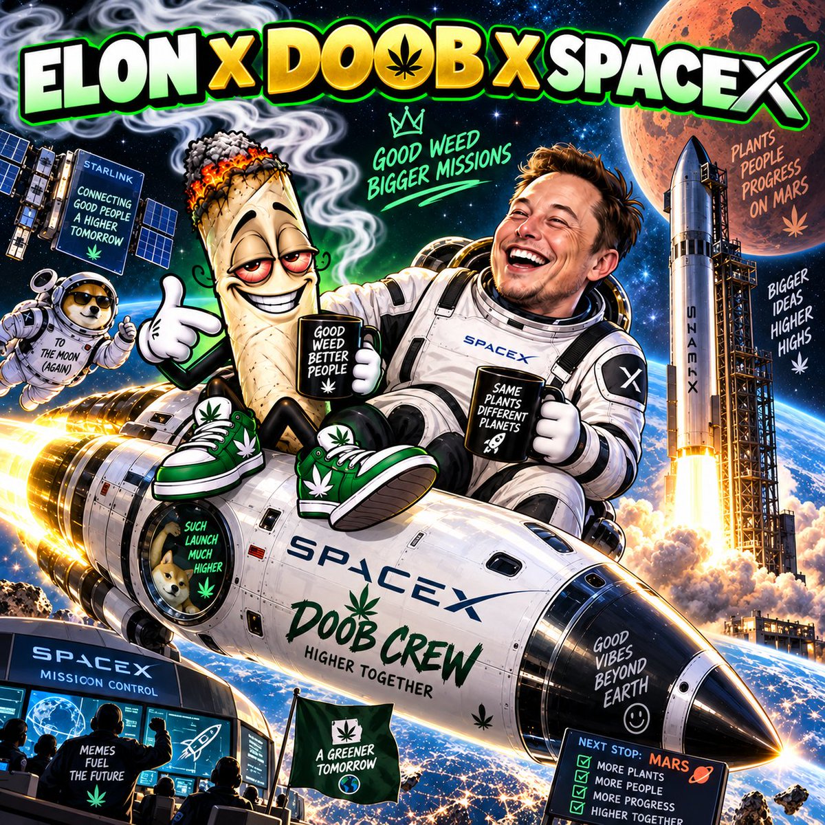 TheReal__Doob's tweet photo. When $DOOB gets so high he accidentally ends up on a SpaceX mission 🚀🌿😂
Next stop: Mars. Same vibes, less gravity.
#DOOB #Memecoin #SpaceX https://t.co/IVyAnrMoKG