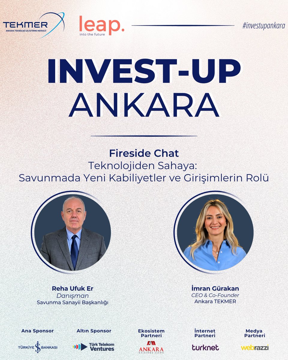 AnkaraTekmer's tweet photo. Savunma sanayiinde yeni kabiliyetlerden dijital güç dengelerine, girişimcilik ekosisteminde medya ve yatırımın rolüne uzanan dört farklı oturumda alanında deneyimli isimler görüşlerini paylaşacak. 

⏰ 14.15–21.00
📍 Ankara TEKMER 

#InvestUpAnkara https://t.co/wEEYk6ddQY
