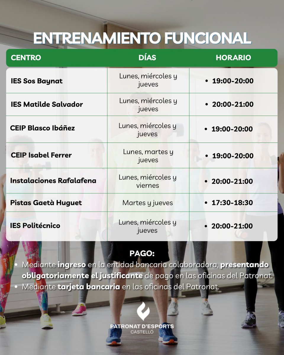 PatronatEsports's tweet photo. 💪 ¡Inscríbete en las actividades de mantenimiento físico para población adulta 2026-2027!

📍 Las nuevas inscripciones se formalizan presencialmente en las oficinas del Patronat d'Esports.

ℹ️ https://t.co/ht3gJzR9dP

#CastellónEsDeporte https://t.co/mfx8zSuRJI
