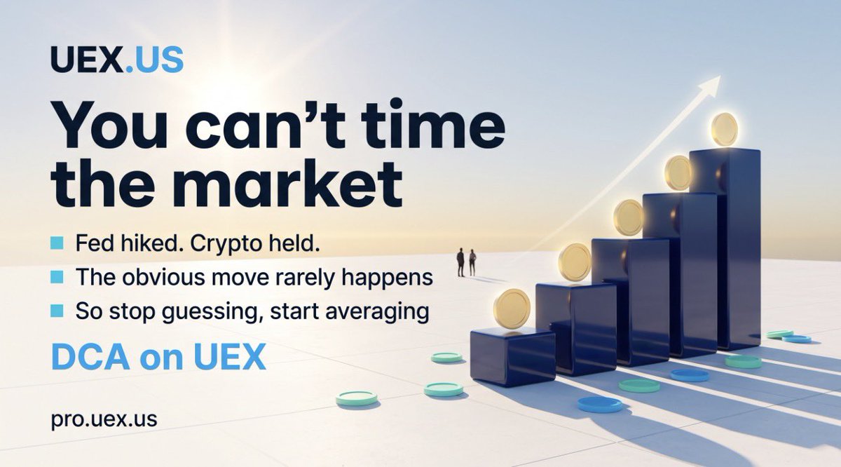 uex_us's tweet photo. Good morning ☀️ 🇪🇺 🌍

The Fed raised rates yesterday, its first hike since 2023. Everyone expected crypto to dump.

It didn't.

Which is the whole point: timing the market is close to impossible. The "obvious" reaction almost never shows up on schedule.

The approach that does not depend on being right about the timing? DCA.

Set it once, let it run, stop watching the calendar.

DCA into the crypto of your choice on UEX: https://t.co/5JRblxeEQ0