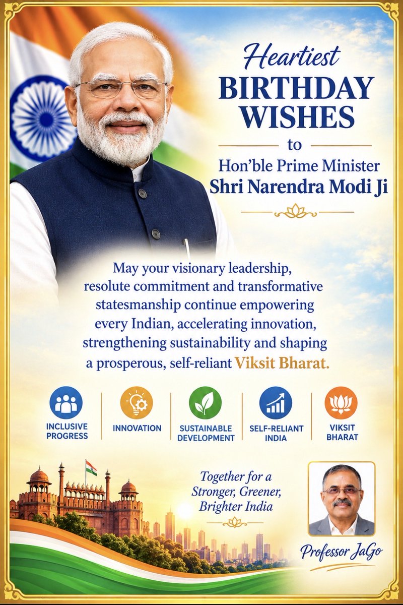 Professor_JaGo's tweet photo. Heartiest birthday wishes to Hon’ble @PMOIndia Shri @narendramodi Ji. May your visionary leadership,resolute commitment,transformative statesmanship continue empowering every Indian,accelerating innovation strengthening sustainability,shaping self-reliant Viksit🇮🇳
-Professor JaGo https://t.co/r2TyMN56Hd
