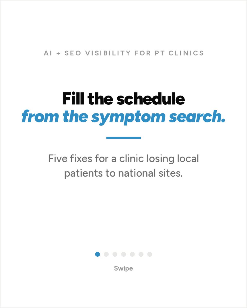 connorcedroseo's tweet photo. Fill the schedule from the symptom search.

Five fixes for a clinic losing local patients to national sites.

Five fixes, one action each. All five inside.

#TampaSEO #LocalSEO

Full physical therapy breakdown: https://t.co/JnrDN78aCe https://t.co/uoLtlSnw7a
