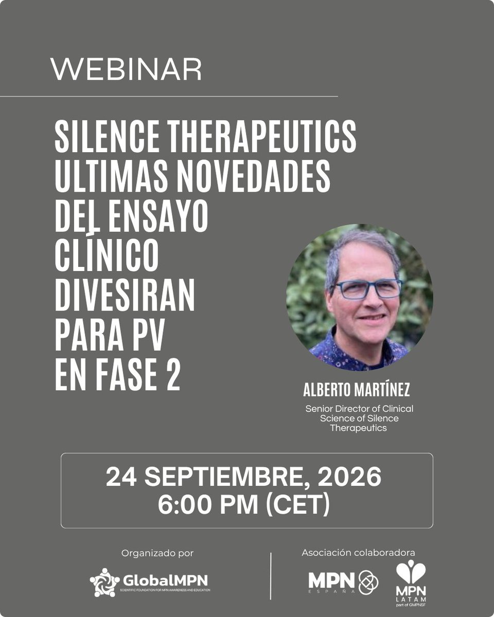 gmpnsf's tweet photo. 🔬 Online webinar on Divesiran and polycythemia vera.
📅 September 24
🕕 6:00 p.m. CET
👨‍🔬 Alberto Martínez, Silence Therapeutics
Info:
https://t.co/BHO7L8hfAg
#BuildHopeMPN #MPN https://t.co/ydwuK9tBHp