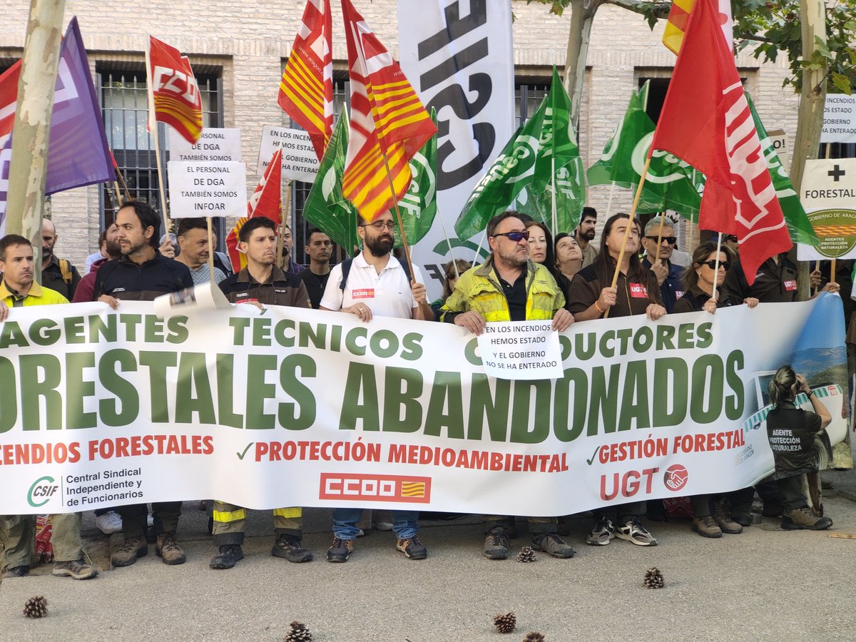 CCOOAragon's tweet photo. Desde las puertas del Edificio Pignatelli ✊🔥
📢 El personal laboral y funcionario del #INFOAR (Ingenieros/as, Conductores/as y APNs) dice ¡BASTA!
Hoy nos concentramos a las puertas del Edificio Pignatelli en Zaragoza. Tras 25 años sin avances en las condiciones laborales del personal funcionario y laboral del dispositivo de incendios forestales (Ingenieros/as, Conductores/as y APNs), la indignación de la plantilla es total.
El Gobierno de Aragón prometió presentar propuestas de mejora para esta mesa de negociación y las ha incumplido por completo. Anuncian inversiones millonarias mientras invisibilizan a su propia plantilla, encargada de la protección de nuestros montes tras una campaña extenuante.
Desde CCOO Aragón lo tenemos claro:
✅ Negociación real y mejoras laborales inmediatas.
✅ Reconocimiento al esfuerzo del personal público de gestión y prevención de incendios.
✅ Si no hay acuerdos concretos, intensificaremos las movilizaciones sin descartar la huelga.
¡Por unos servicios públicos dignos y la defensa del territorio! 🌲✊
#INFOARenLucha #DGA #IncendiosForestales #ServiciosPúblicos #APN #Zaragoza #EmpleoPúblico #Aragón
