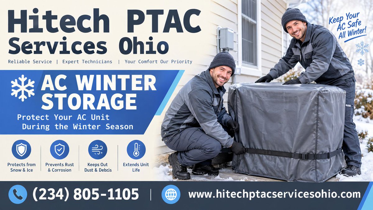 Ptacserviceohio's tweet photo. Protect your AC this winter with Hitech PTAC Services Ohio. Prevent snow, ice, rust, and debris while extending your unit’s life. Stay ready for warmer days!📞 (234) 805-1105
🌐 https://t.co/cAD1tjemQl
#Heating #HVAC #ACCare #WinterStorage #OhioHVAC https://t.co/Z8r5ouiInc