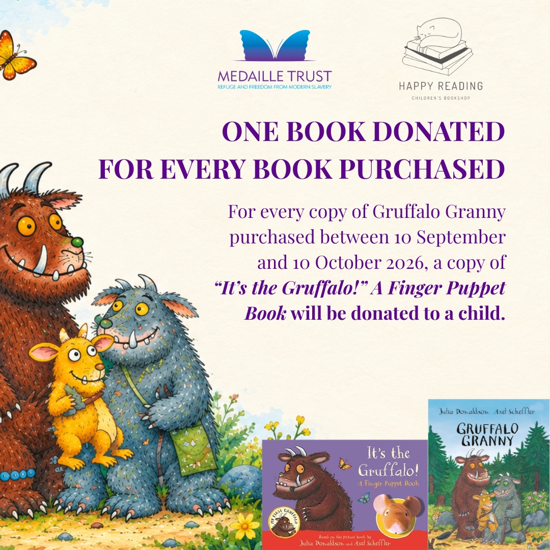 MedailleTrust's tweet photo. We’re delighted to be Happy Reading Bookstore’s selected charity this month!
From 10 September – 10 October, for every copy of Gruffalo Granny purchased, a copy of It’s the Gruffalo! A Finger Puppet Book will be donated to a child we support.
One book purchased. One book donated. https://t.co/BSlodRLXn7