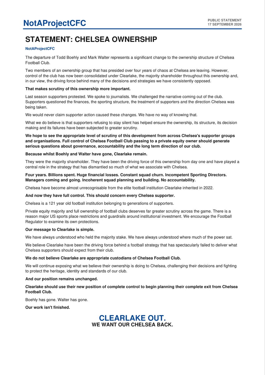 NotAProjectCFC's tweet photo. OFFICIAL STATEMENT | CHELSEA OWNERSHIP.

Our position on Clearlake assuming full control of Chelsea Football Club.

#CLEARLAKEOUT https://t.co/o5tG3EcXR1