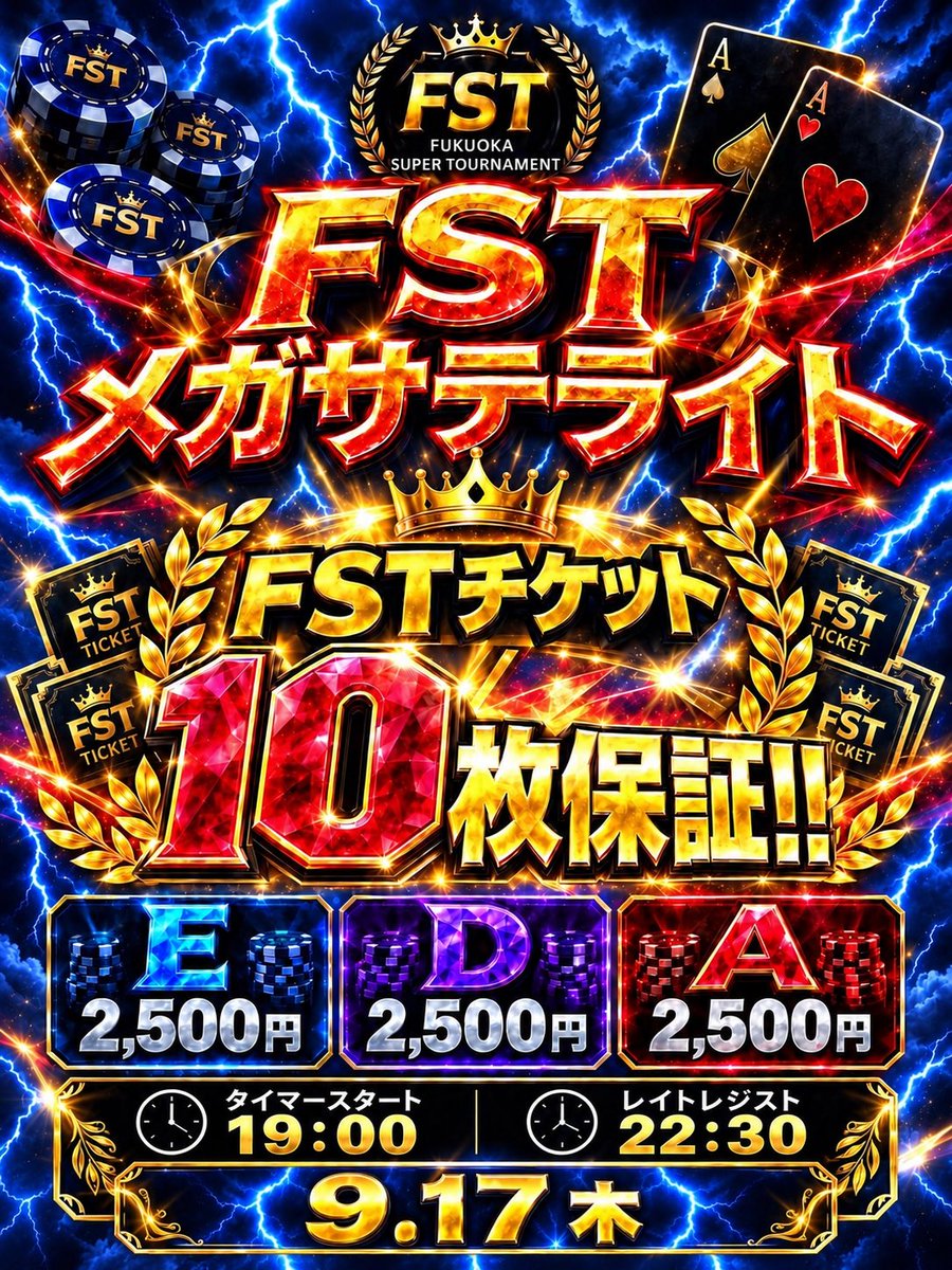 triplebarrel__'s tweet photo. 本日は、、、

【FSTラストイベント！！】
✨メガサテライト✨

なんと今回……

【FSTチケット10枚保証‼️‼️】

今、FSTチケットの保有枚数が
「2枚〜4枚くらいだから大丈夫！」
と思っている方……

本当にそれで満足ですか？？

トーナメントはリエントリーが
付きもの‼️

もっとチケットを獲得して、
余裕のあるプレーができるように
今のうちにしっかり準備しておきましょう🔥🔥

⏰ タイマースタート　19:00
⏰ レイトレジスト　　22:30

💰 エントリー　2,500円
💰 ダブル　　　2,500円
💰 アドオン　　2,500円

そして今回は……

メインイベントはもちろん、
【チャンピオンシップ】も

FSTチケット2枚でエントリー
可能‼️ 🎫🎫

最後のFSTイベントだからこそ、
チケットを大量獲得する大チャンス🔥

「あと少しチケットが欲しい…」
という方も、
「リエントリー分まで余裕を持っておきたい！」
という方も、

17日、18日のFSTラストイベントで一気にチケットを増やしましょう‼️🔥

たくさんのご来店お待ちしております☺️

@fst_202408 
@choki2maki2
@triple_orio