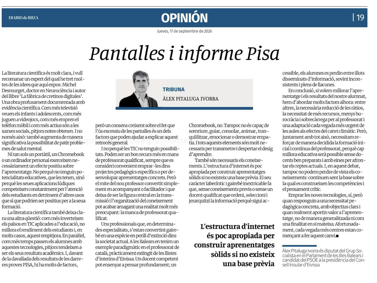 FSEPSOE's tweet photo. 𝐏𝐚𝐧𝐭𝐚𝐥𝐥𝐞𝐬 𝐢 𝐢𝐧𝐟𝐨𝐫𝐦𝐞 𝐏𝐢𝐬𝐚  

✍🏻Article d’Àlex Pitaluga, diputat del @psibpsoe en el #Parlamentib i candidat del PSOE a la presidència del Consell Insular d’Eivissa

🔗https://t.co/qQiZ8XhobT a través de @Diario_de_ibiza https://t.co/NfhkaYsPDg