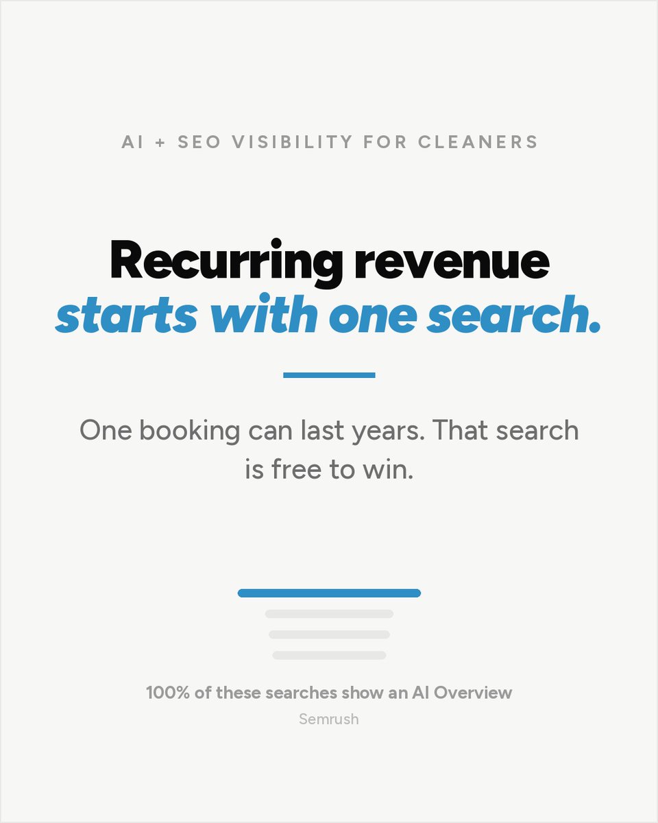 connorcedroseo's tweet photo. Recurring revenue starts with one search.

One booking can last years. That search is free to win.

Comment AUDIT and I'll check where you rank for house cleaning.

#TampaSEO #AISearch https://t.co/MUgDQGLtng