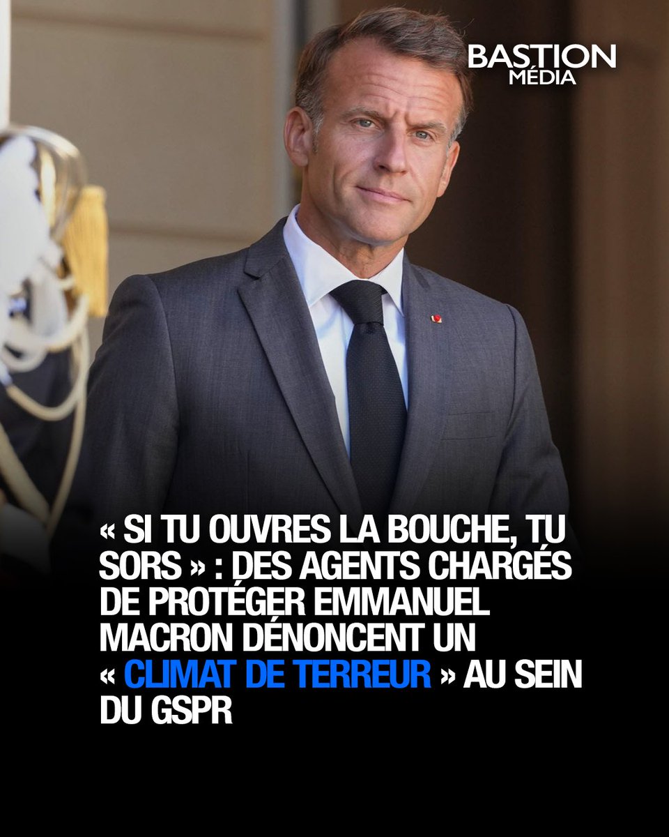 BastionMediaFR's tweet photo. 🔴🇫🇷 𝗙𝗟𝗔𝗦𝗛 𝗜𝗡𝗙𝗢 — « Si tu ouvres la bouche, tu sors » : des agents chargés de protéger Emmanuel Macron dénoncent un « climat de terreur » au sein du GSPR.
Sept agents ont alerté le médecin-chef de l’Élysée sur leur mal-être. Plus d’une quinzaine d’autres y auraient renoncé par peur de représailles.
Alliance Police dénonce une « situation explosive » susceptible de « fragiliser directement » le dispositif de protection du président de la République.
(Sources : RTL / Actu17)