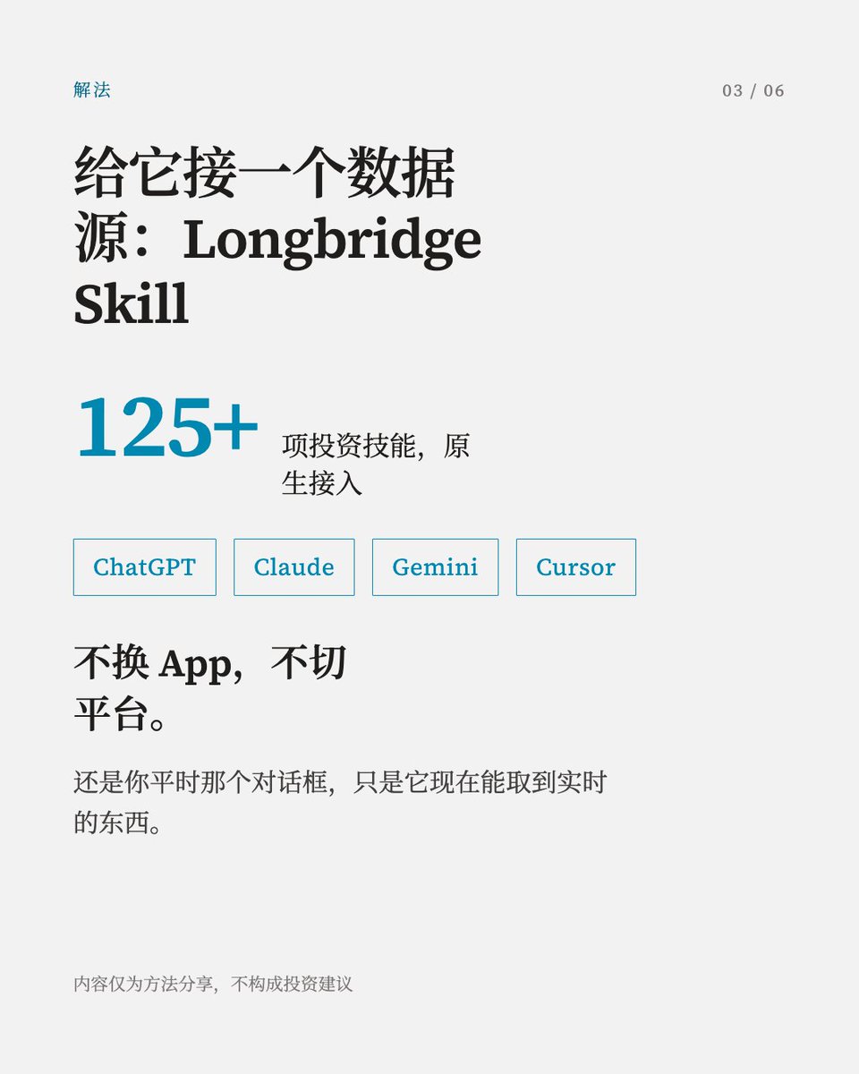 niu77401's tweet photo. ChatGPT 帮我分析了半天英伟达,最后发现它用的是去年的财报。大模型不缺分析能力,缺的是当下的数据。所以我给它接上了实时行情——Longbridge Skill,125+ 个投资技能,原生接入 ChatGPT、Claude、Gemini、Cursor。 https://t.co/uZe9eSWNxD