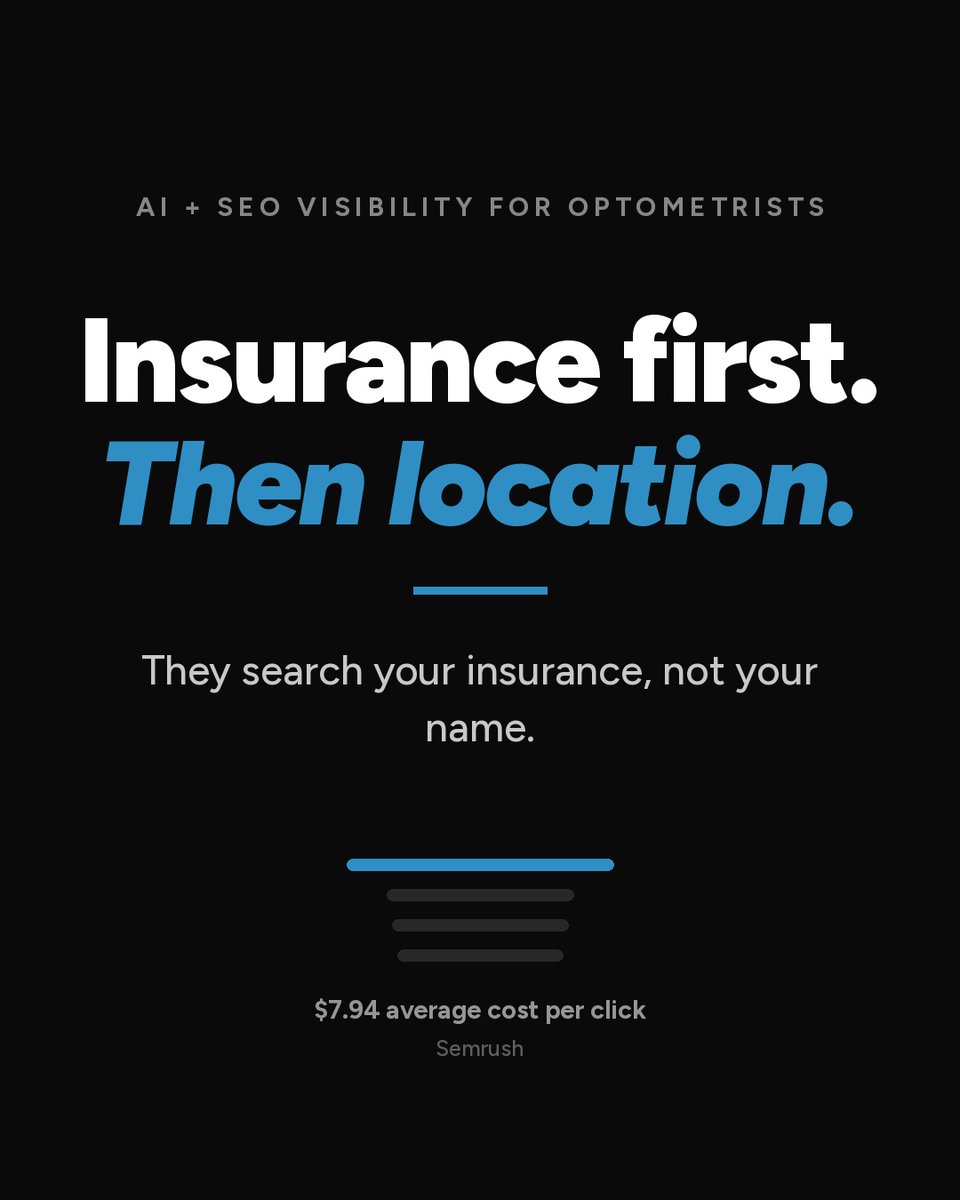 connorcedroseo's tweet photo. Insurance first. Then location.

They search your insurance, not your name.

Comment AUDIT and I'll check where you rank for optometrists.

#TampaSEO #AISearch https://t.co/PY2i6stWBM