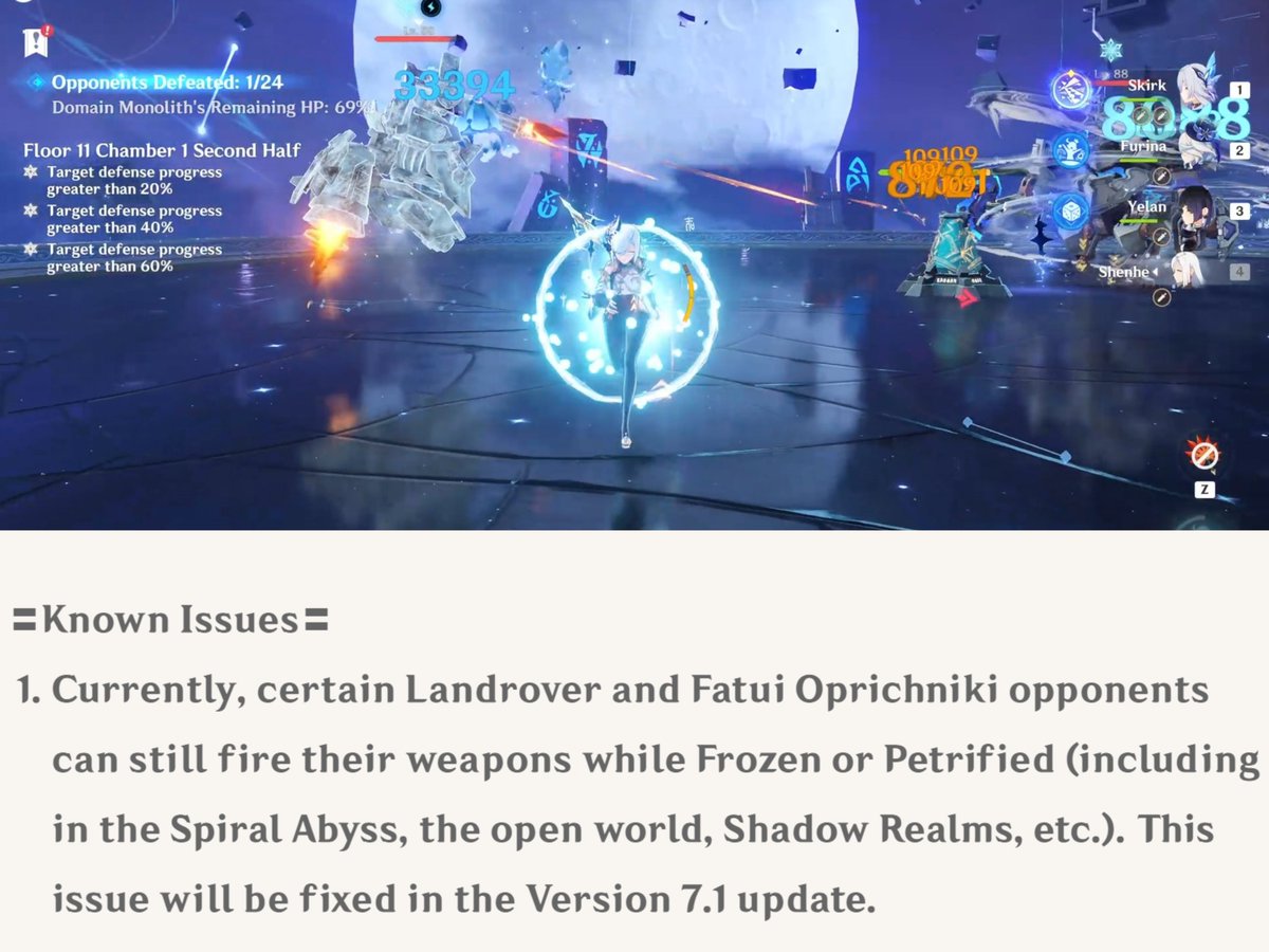 GenshinUniverse's tweet photo. Certain Landrover and Fatui Oprichniki enemies can still fire their weapons while Frozen or Petrified. 

This will be fixed in Version 7.1. 

#GenshinImpact https://t.co/S1iWrJkXTS