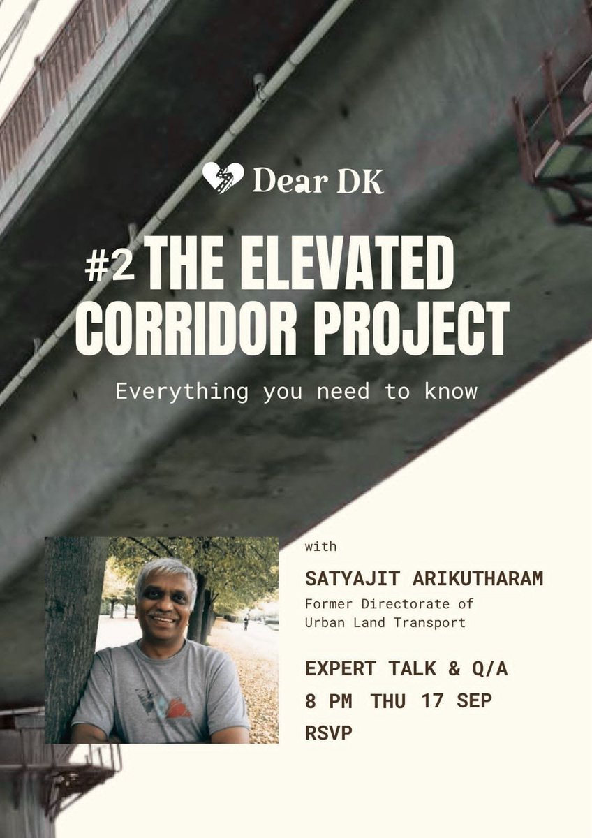 deardk_blr's tweet photo. Join our second webinar on the qualms of the Elevated Corridor Project, today with urban mobility expert Satyajit Arikutharam, at 8 PM 🌉

RSVP here: https://t.co/W796GJvdVV https://t.co/Ht4RuJ1qU4