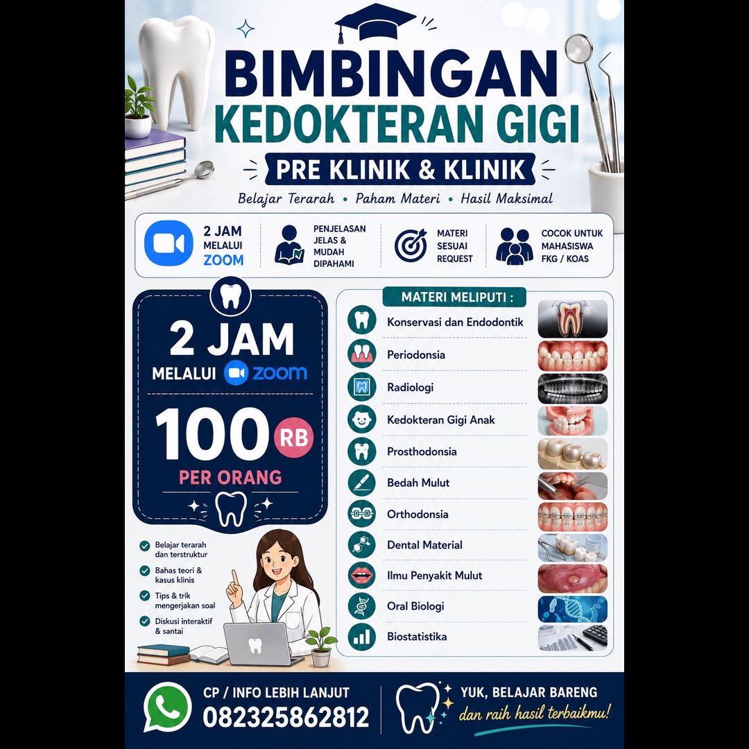 masterdentis's tweet photo. @SmgMenfess Halo teman-teman FKG! Buat yang lagi cari bimbingan private Kedokteran Gigi, aku buka sesi bimbingan untuk pre-klinik maupun klinik.Bisa bahas materi yang lagi bikin bingung, review sebelum ujian, atau belajar dari dasar sesuai kebutuhan kalian. Private 2hr, via Zoom https://t.co/9ekJaIzDGn