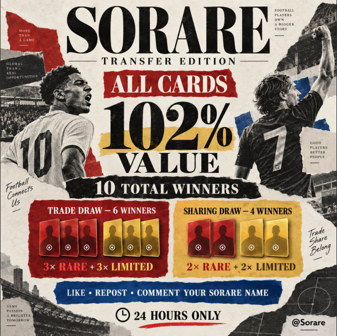 PawelTrader_'s tweet photo. ⚽ SORARE TRANSFER EDITION ⚽

All my cards are available for 102% value — every completed trade gives you one entry!

🏆 10 TOTAL WINNERS

🔴 Trade Draw: 3× Rare + 3× Limited
🟡 Sharing Draw: 2× Rare + 2× Limited

To enter the Sharing Draw:
❤️ Like • 🔁 Repost • 💬 Comment your Sorare username
⏳ 24 hours only — trade, share and win with @Sorare!