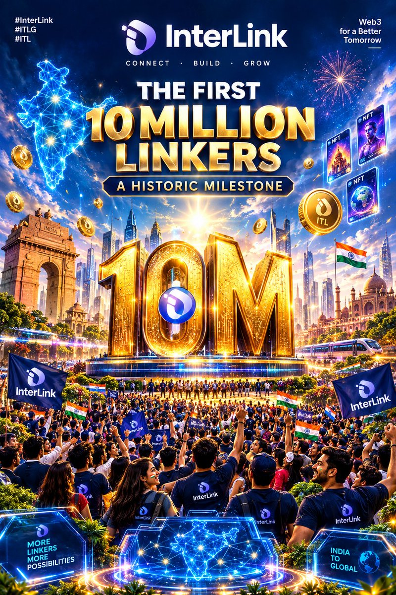 jplu0406's tweet photo. Show a massive futuristic golden “10M” monument in the center, surrounded by thousands of diverse Indian Linker avatars celebrating

#InterLink #ITLG #ITL https://t.co/JexYQXfiVg