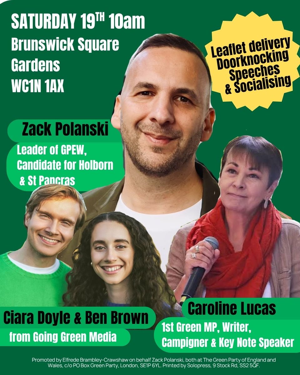 CarolineLucas's tweet photo. Come and join the campaign for our #6thGreenMP!  Together we can give Holborn &amp; St Pancras a strong Green voice in parliament &amp; make this Labour Govt braver &amp; bolder #VoteZack https://t.co/YXULQRsaPS