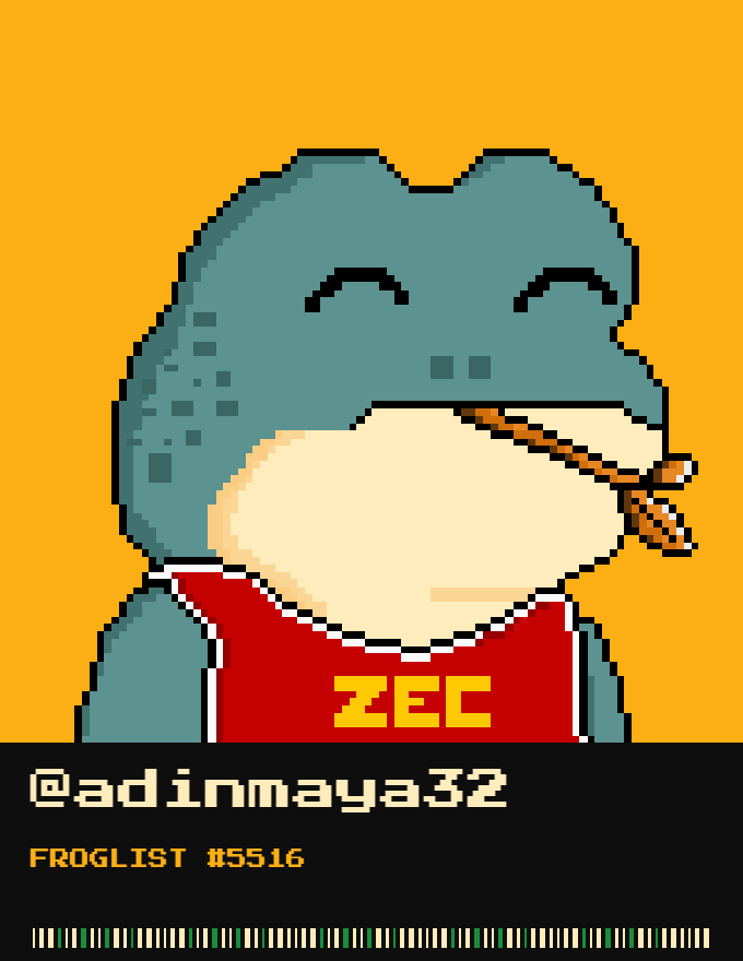 adinmaya32's tweet photo. Just got on the @zecfrogs list 🐸
6,969 pixel frogs on ZEC. Free mint.
FROGLIST #5516 sealed. set your frog as your PFP to climb the list. #ZECFrogs $ZEC https://t.co/ZoZ8arQKaV