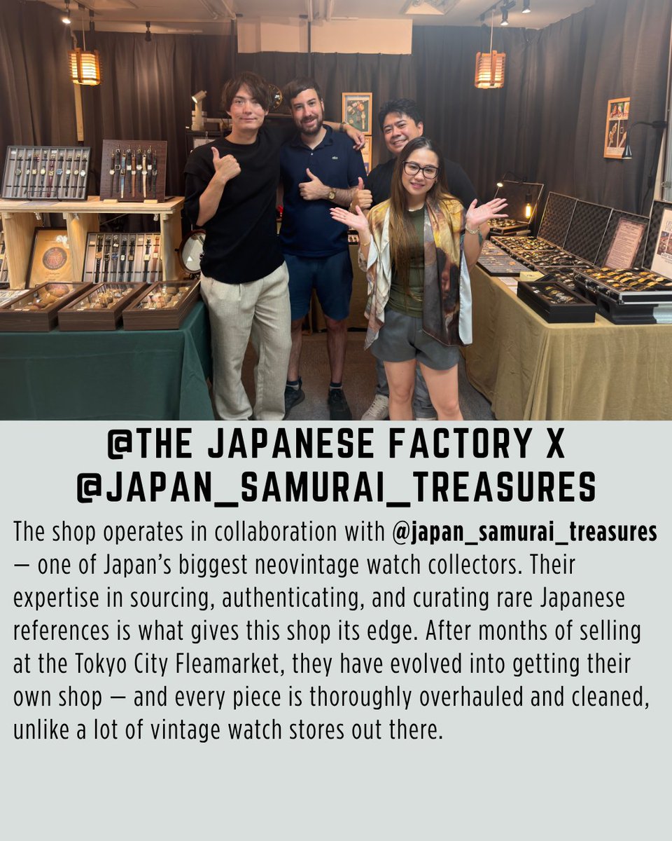 JPFactoryYT's tweet photo. The Japanese Factory watch shop Grand Opening is here — Ueno, Ameyoko, in collaboration with @japan_samurai_treasures. Rare neovintage references, discontinued models, pieces that never left Japan. All overhauled, all in one place. RSVP on MeetUp: https://t.co/kOJ2pDH1ZJ