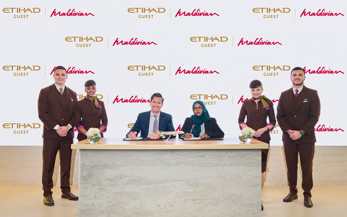 etihad's tweet photo. Etihad Guest members will soon have a new way to use their Miles across the Maldives ✈️🏝️

A new partnership agreement with Maldivian, signed at Arabian Travel Market, will enable members to redeem Etihad Guest Miles across Maldivian’s network.

Members will be able to use their Miles to reach the Maldives’ outer islands and regional destinations beyond Malé, giving them greater choice and convenience.

Read more: https://t.co/sdYhdIr4gR
