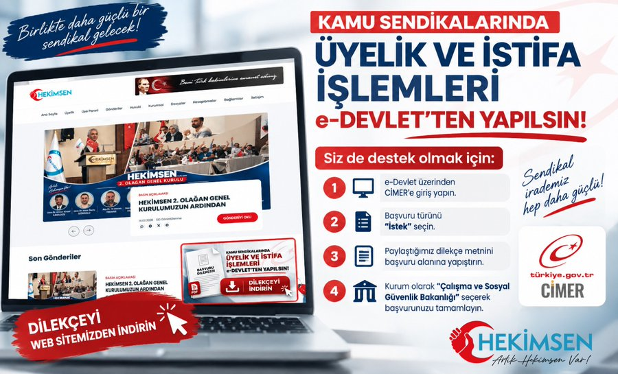 SedatAtlas79's tweet photo. ÖNEMLİDİR !! LÜTFEN ARKADAŞLAR YOL BU KADAR YAKINKEN KAMU BASKISINI ARTIRALIM HERKES BU DİLEKÇEYİ GÖNDERMELİDİR. TÜM SENDİKALARIDA BU ÇAĞRIYI YAPIYORUM LÜTFEN SİZLERDE ÜYELERİNİZİ DİLEKÇE GÖNDERİLMESİ YÖNÜNDEN BİLGİ VERİNİZ.

📢 KAMU SENDİKALARINDA ÜYELİK VE İSTİFA İŞLEMLERİ e-DEVLET’TEN YAPILSIN!

Kamu görevlileri, sendikaya üyelik ve üyelikten çekilme işlemlerini kendi iradeleriyle, kolay ve güvenli biçimde e-Devlet üzerinden gerçekleştirebilmelidir.

İşçi sendikalarında kullanılan bu imkân, kamu görevlileri için de hayata geçirilmelidir.

✅ Evrak yükü ve bürokrasi azalsın.
✅ İşlemler şeffaf ve takip edilebilir olsun.
✅ Sendikal tercihlere yönelik baskı ve yönlendirme riskleri azaltılsın.
✅ Kişisel verilerin korunması güçlendirilsin.

HEKİMSEN olarak, gerekli yasal düzenlemelerin yapılmasını ve teknik altyapının kurulmasını talep ediyoruz.

📄 Bu talebimizi güçlendirmek amacıyla hazırladığımız bireysel başvuru dilekçesini üyelerimizle ve tüm kamu görevlileriyle paylaşıyoruz.

👉 Siz de destek olmak için:

1️⃣ e-Devlet üzerinden CİMER’e giriş yapın.
2️⃣ Başvuru türünü “İstek” seçin.
3️⃣ Paylaştığımız dilekçe metnini başvuru alanına yapıştırın.
4️⃣ Kurum olarak “Çalışma ve Sosyal Güvenlik Bakanlığı” seçerek başvurunuzu tamamlayın.

🔗 Dilekçe Örneği: https://t.co/MEsfP5h49u

Sendikal irademiz özgür, işlemlerimiz kolay ve güvenli olsun!

HEKİMSEN