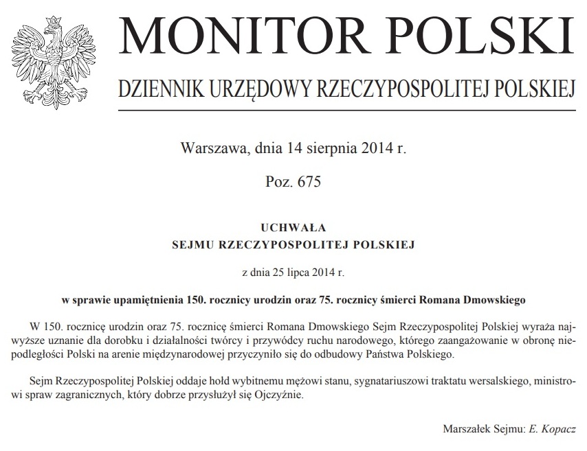 w_wgraff's tweet photo. @CDzwoni Sejm 25 VII'14 uchwałą na 150. rocznicę urodzin i 75. rocznicę śmierci Dmowskiego, wyraził najwyższe uznanie dla jego dorobku i działalności jako męża stanu. SIKORSKI był ministrem spraw zagranicznych, Premierem Tusk, Prezydentem Komorowski, a Marszałkiem Sejmu Kopacz. https://t.co/ktVB5MNwSH